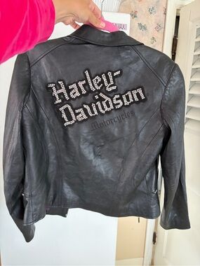 Medium silk & leather Harley-Davidson moto jacket biker bling